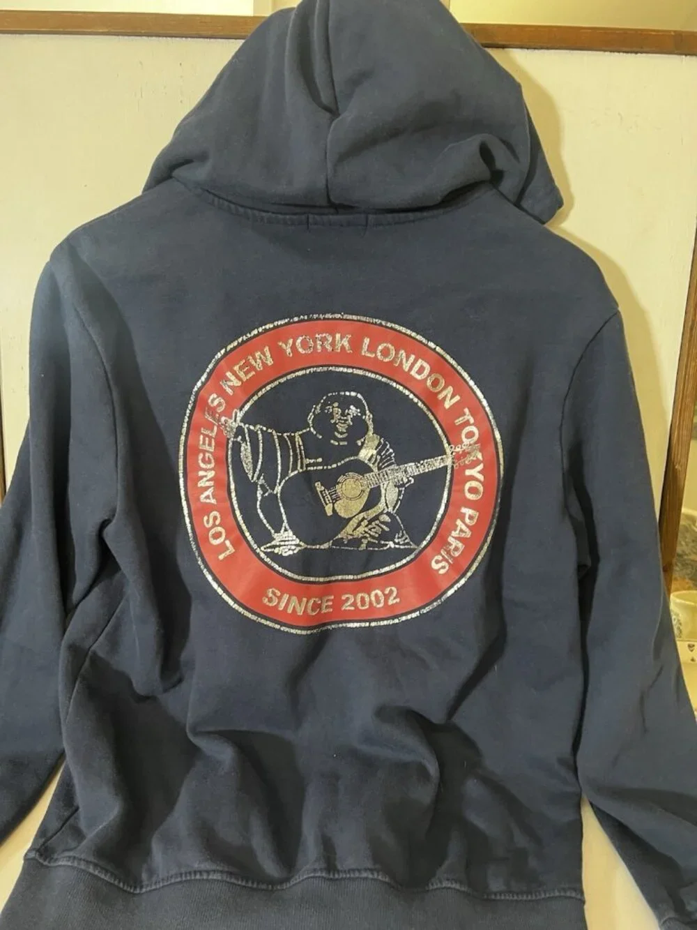 True Religion Hoodie Mens Medium Blue Navy Zip Up Buddha Horseshoe Logo.    Q